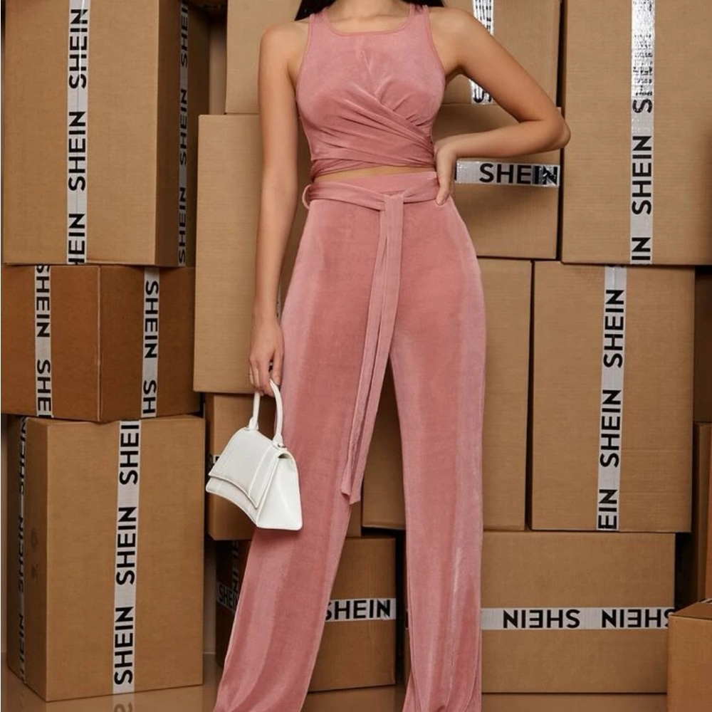 SHEIN Wrap Tie Back Tank Top & Wide Leg Pants Set